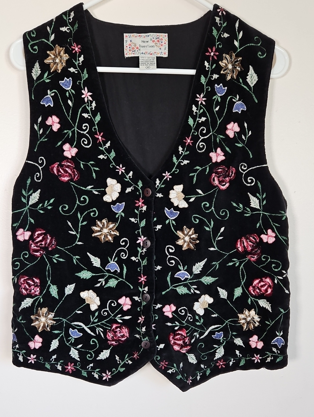 New Direction 100% Cotton Velour Button Up Vest Black SZM Floral Embroidered